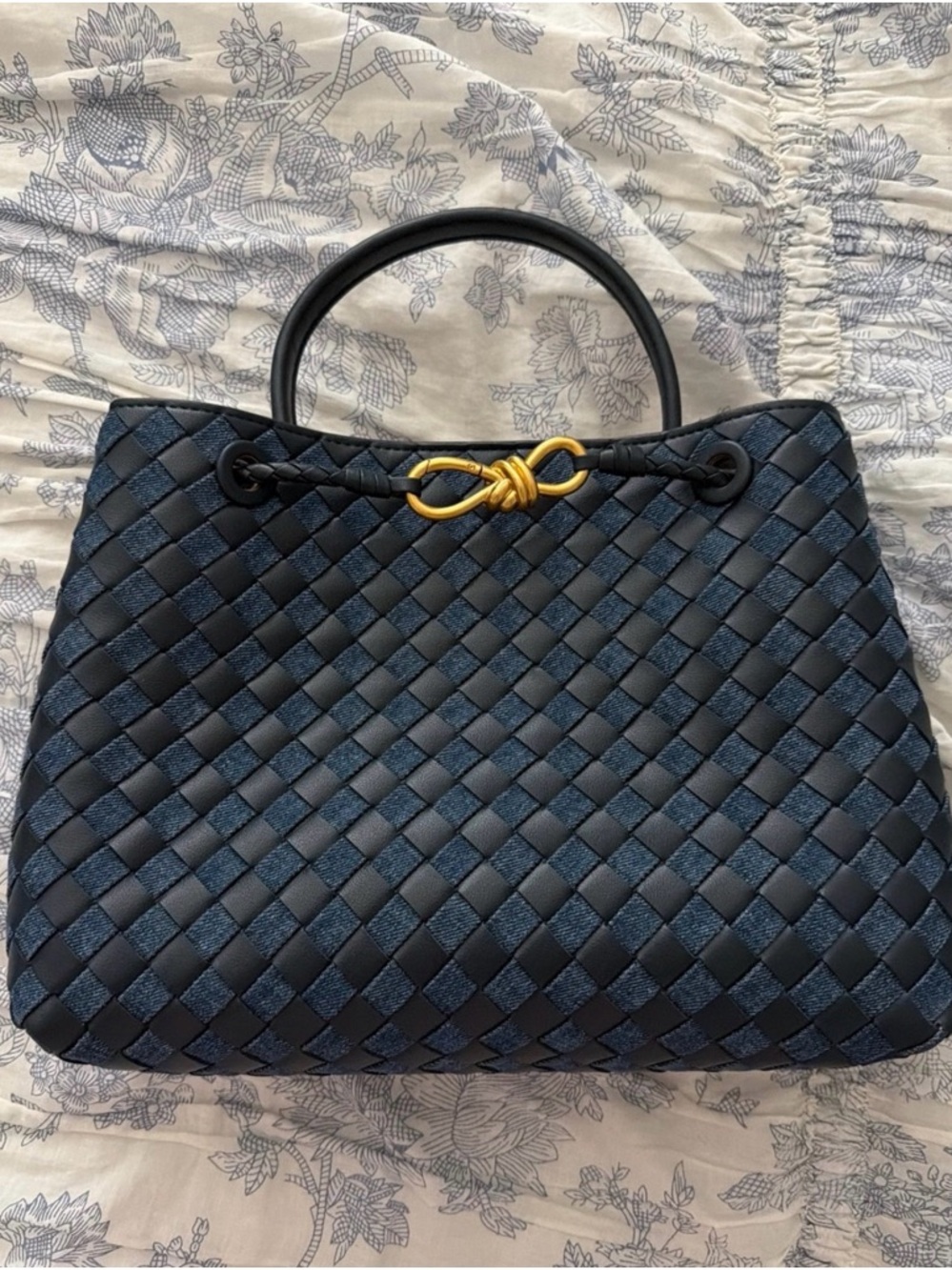 Intrecciato Leather And Denim Top Handle Bag
